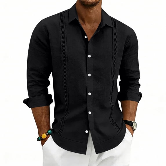GrmtClth Mens Button Down Shirt Long Sleeve Linen Shirt Casual Beach Vacation Dress Shirt Summer Big and Tall Textured Shirt with Pocket Black XL