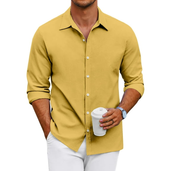 GrmtClth Mens Button Down Shirt Long Sleeve Regular Fit Dress Shirt Classic Stretch Solid Formal Shirt Yellow XXL