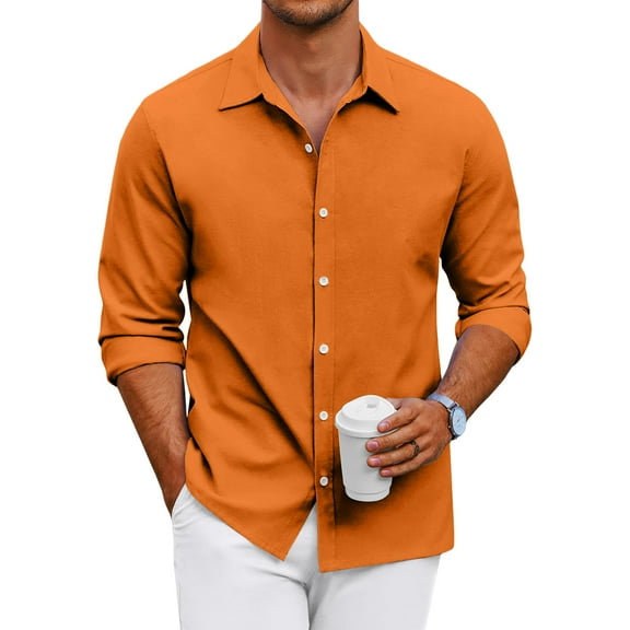 GrmtClth Mens Button Down Shirt Long Sleeve Slim Fit Dress Shirt Vintage Soft Solid Formal Shirt Saffron M