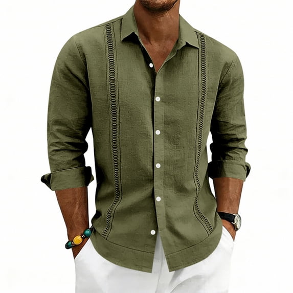 GrmtClth Mens Button Down Shirt Long Sleeve Linen Shirt Casual Beach Vacation Dress Shirt Summer Lightweight Textured Shirt with Pocket Army Green 3XL
