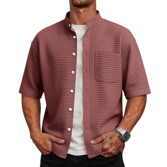 GrmtClth Mens Button Down Shirt Short Sleeve Casual Waffle Knits Shirts Vintage Beach Wrinkle-Free Dress Shirt Summer Collar Plain Tops with Pockets Wine L