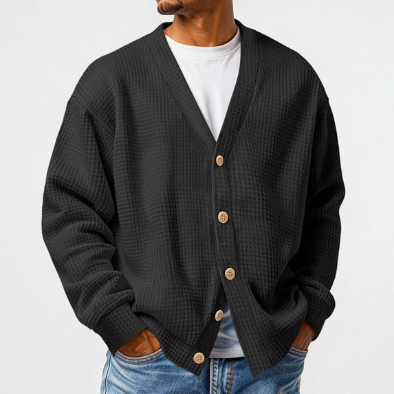 GrmtClth Mens Cardigan Sweaters Long Sleeve Waffle Knitted Sweater Loose Fit Open Front Cardigan Button Down Lightweight Jackets Black L
