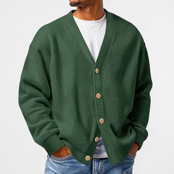 GrmtClth Mens Cardigan Sweaters Long Sleeve Waffle Knitted Sweater Relaxed Fit Open Front Cardigan Button Up Lightweight Jackets Dark Green S