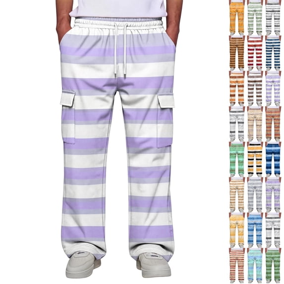 GrmtClth Mens Cargo Pants Wide Leg Striped Joggers Multi Side Pockets Elastic Waist Daily Lounge Sweatpants Light Purple 3XL