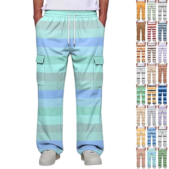 GrmtClth Mens Cargo Sweatpants Horizontal Stripe Elastic Drawstring Waist Baggy Wide Leg Multi Pocket Jogger Pants Purple Pink L