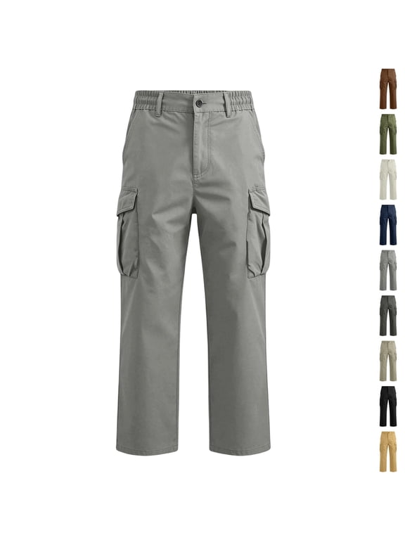 Mens Cargo Work Pants Heavy Duty Relax Fit Elastic Waistband Multiple Cargo Pockets Breathable Cotton Blend Daily Trousers Gray S