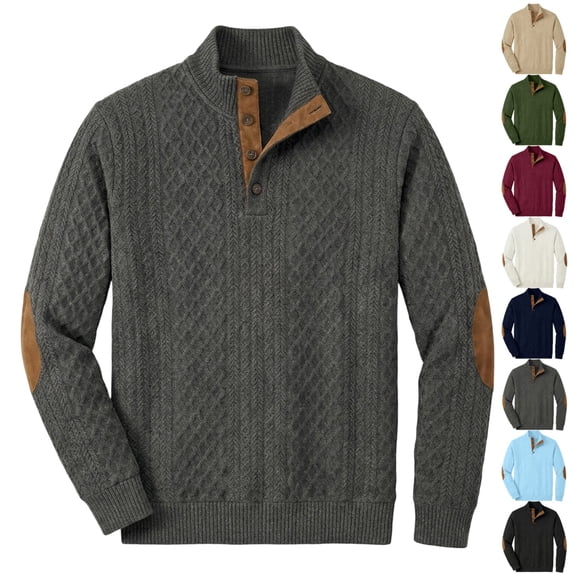 GrmtClth Mens Casual Pullover Sweater Long Sleeve Cable Knit Sweatshirts Stand Collar Button Up Thermal Pullover with Elbow Patches Dark Gray 2XL