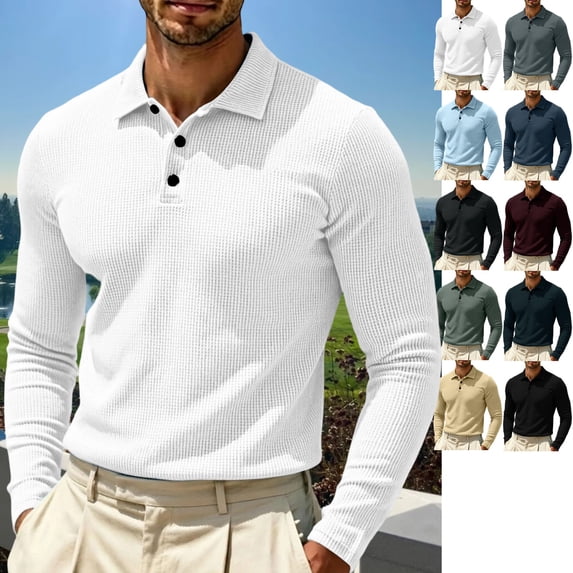 GrmtClth Mens Collared Long Sleeve Knit Polo Shirts Solid Multi Color Options Waffle Texture Button Front Lightweight Daily Leisure Tops White 6XL