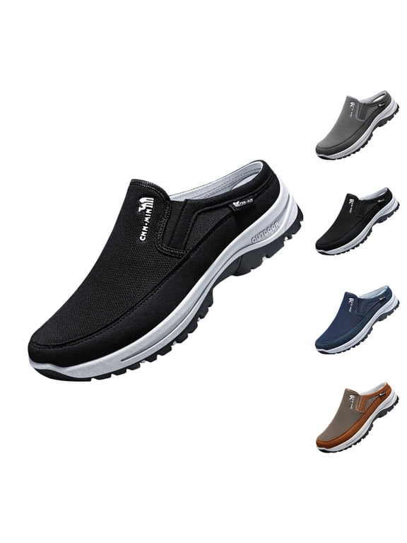 Mens Convenient Slip‑On Half‑Back Sneakers Breathable Fabric Anti‑Slip Rugged Sole Hiking Shopping Driving Casual Mule Shoes
