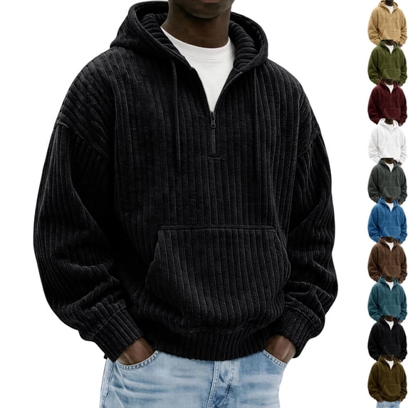 GrmtClth Mens Corduroy Hoodie Quarter Zip Loose Fit Drawstring Hood Pullover Sweatshirt with Front Pocket Black L