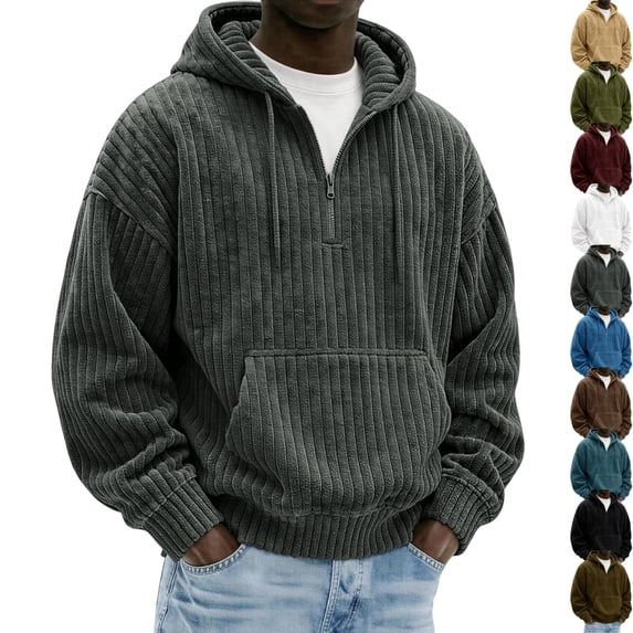 GrmtClth Mens Corduroy Hoodie Quarter Zip Loose Fit Drawstring Hood Pullover Sweatshirt with Front Pocket Gray L