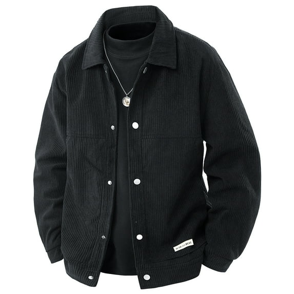 GrmtClth Mens Corduroy Jacket Vintage Button Down Trucker Jackets Fashion Lapel Thick Warm Winter Jacket Black XL