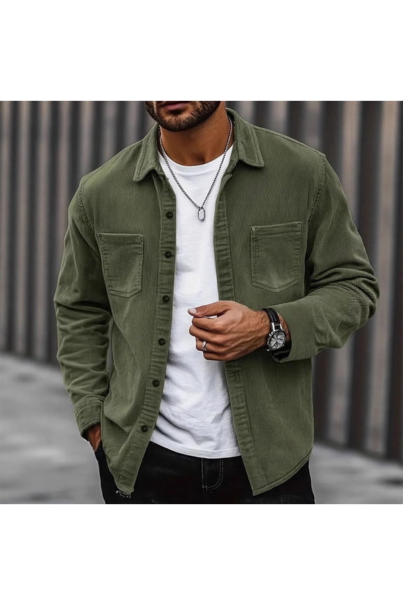 Mens Corduroy Jacket Vintage Oversized Button Down Shacket Jacket Comfy Long Sleeve Jacket with Flap Pockets Army Green XXL