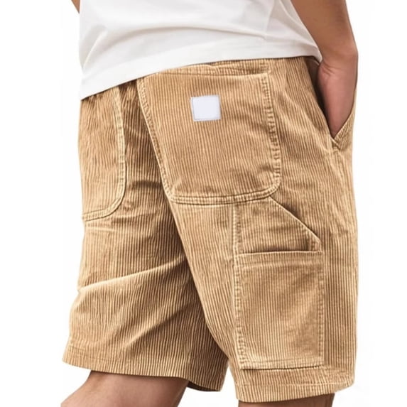 GrmtClth Mens Corduroy Shorts Elastic Waist Casual Lightweight Cargo Shorts Drawstring Loose Fit Vacation Summer Shorts with Pocket Khaki L