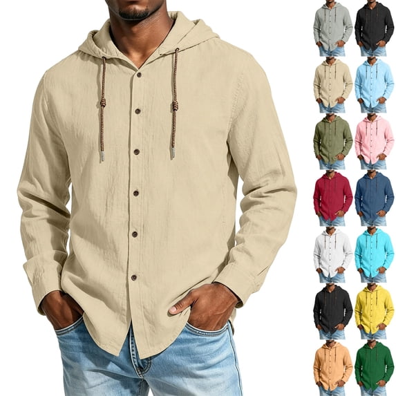 GrmtClth Mens Cotton Linen Shirts Button Down Hoodies Long Sleeve Casual Beach Tops Lightweight Fashion Shirt with Hood for All Season 3XL