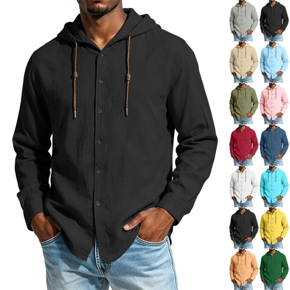 GrmtClth Mens Cotton Linen Shirts Button Down Hoodies Long Sleeve Casual Beach Tops Lightweight Fashion Shirt with Hood for All Season 3XL