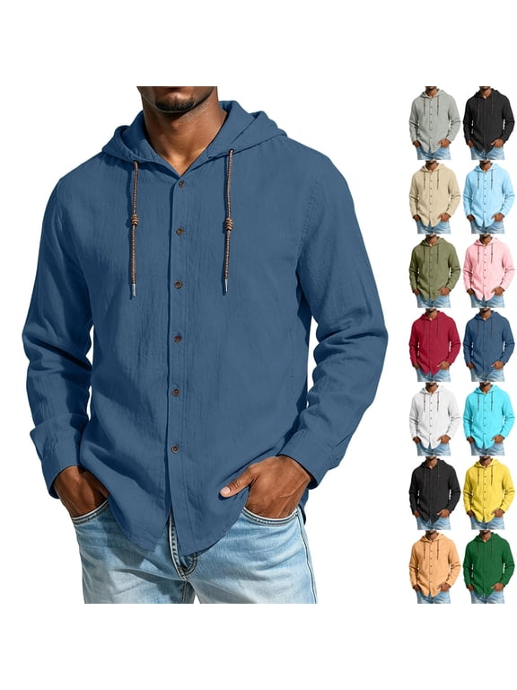 Mens Cotton Linen Shirts Button Down Hoodies Long Sleeve Casual Hoodies Hawaiian Beach Top Lightweight Fashion Shirts for All Season 3XL