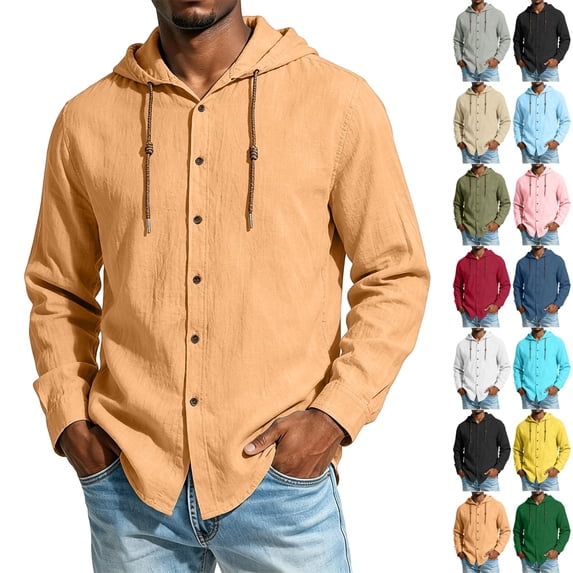 GrmtClth Mens Cotton Linen Shirts Button Down Hoodies Long Sleeve Casual Hoodies Hawaiian Beach Top Lightweight Fashion Shirts for All Season M