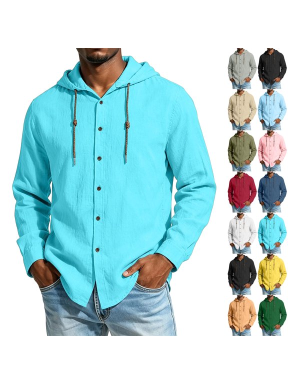 Mens Cotton Linen Shirts Button Down Hoodies Long Sleeve Casual Hoodies Hawaiian Beach Top Lightweight Fashion Shirts for All Season XL