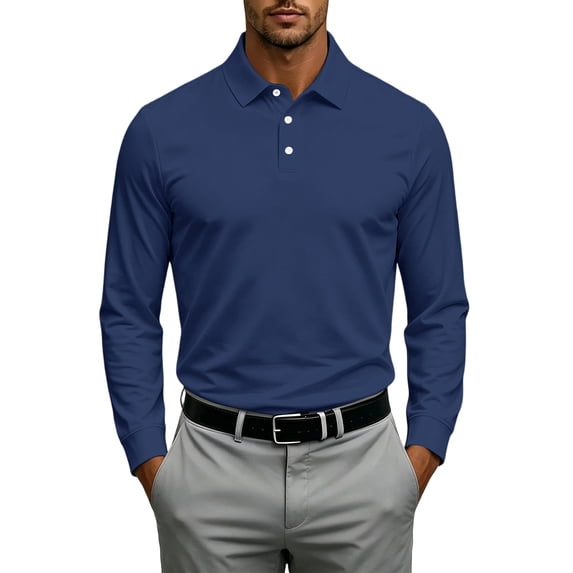 GrmtClth Mens Daily Spring Commute Quick Dry Polo Shirts, Lapel Collar Three Button Neck Long Sleeve Relax Travel Casual Tops Navy XL