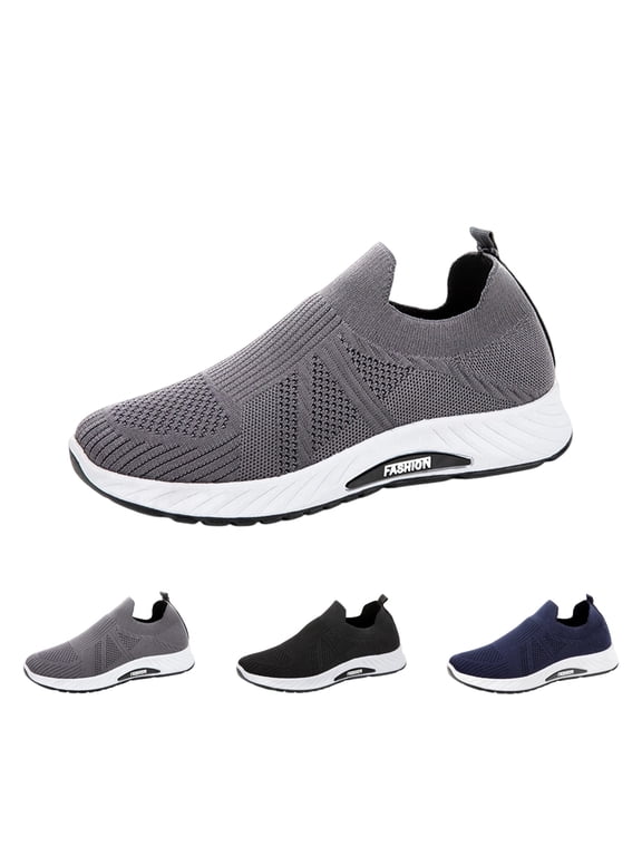 Mens Daily‑Wear Fly‑Knit Slip‑On Sneakers Hollow Mesh Breathable Structure Non‑Slip Sole Hiking Casual Athletic Shoes