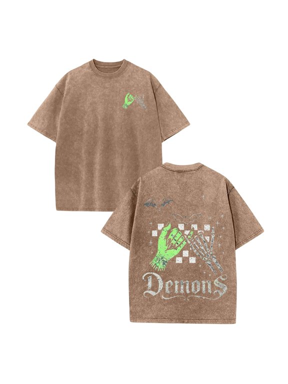 Mens Demons Gothic Letter Skeleton Hand Bat Print T-Shirt Vintage Washed Loose Fit Halloween Oversized Crew Neck Tee Khaki 5XL