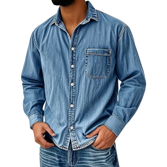 GrmtClth Mens Distressed Denim Shirt Casual Long Sleeve Blouse Silm Fit Button Down T-Shirts Dressy Collared Clothes with Pocket Light Blue 3XL