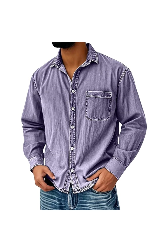 Mens Distressed Denim Shirts Retro Long Sleeve Top Soft Button Down T-Shirts Trendy Collared Clothes with Pocket Purple L