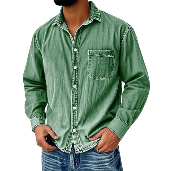 GrmtClth Mens Distressed Denim Shirts Vintage Long Sleeve Blouse Silm Fit Button Down Tee Dressy Collared Clothing with Pocket Green XL