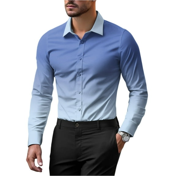 GrmtClth Mens Dress Shirt Long Sleeve Slim Fit Button Up Shirt Classic Stretch Gradient color Casual Shirts Blue L