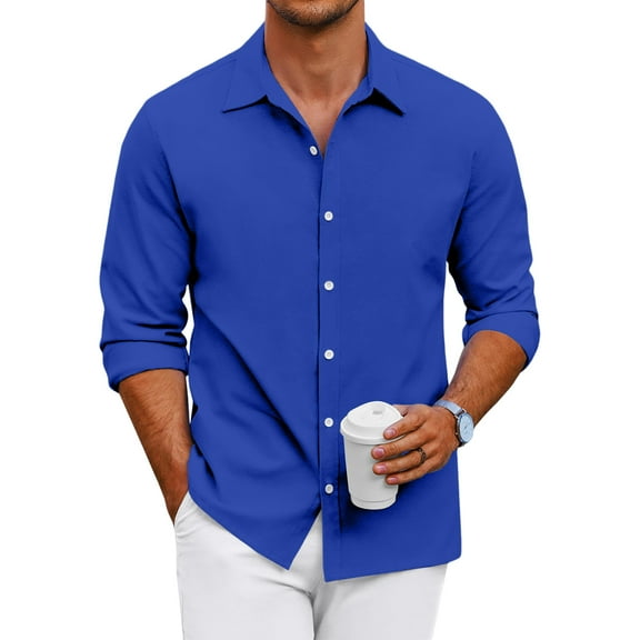 GrmtClth Mens Dress Shirts Long Sleeve Regular Fit Button Up Shirt Vintage Stretch Solid Color Formal Shirt Royal Blue M