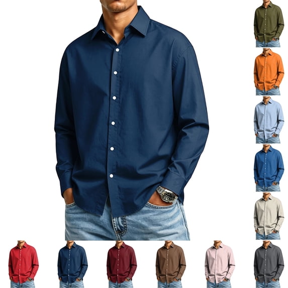 GrmtClth Mens Dress Shirts Long Sleeve Regular Fit Stretch Button Down Collar Wrinkle Free Solid Business Casual Tops Dark Blue 3XL