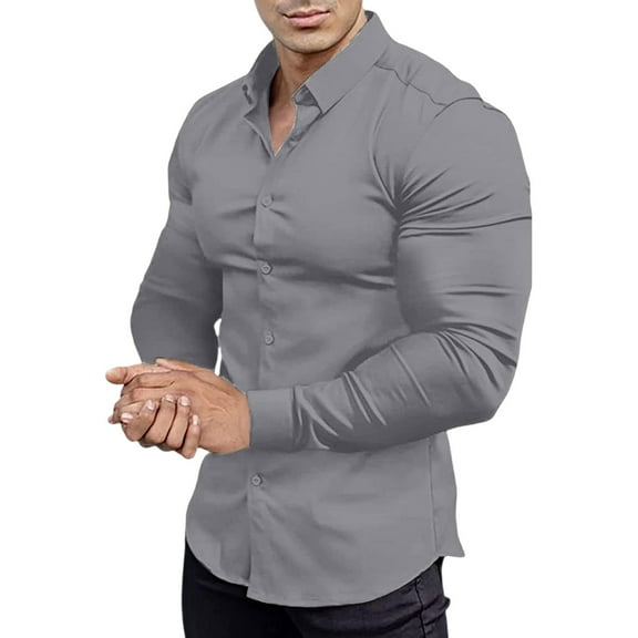 GrmtClth Mens Dress Shirts Long Sleeve Slim Fit Button Down Shirt Business Stretch Solid Color Formal Shirt Gray L
