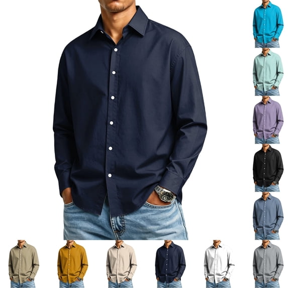 GrmtClth Mens Dress Shirts Solid Tone Long Sleeve Wrinkle Free Collared Button Down Regular Fit Comfort Business Casual Tops Navy 3XL