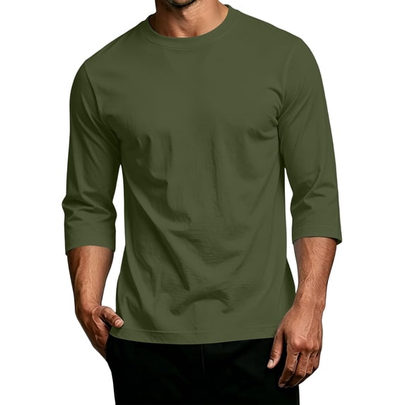 GrmtClth Mens Everyday Crew Neck Solid Plain Pullover Tops, Three Quarter Sleeve Loose Silhouette Casual Daily Shirts Army Green XL