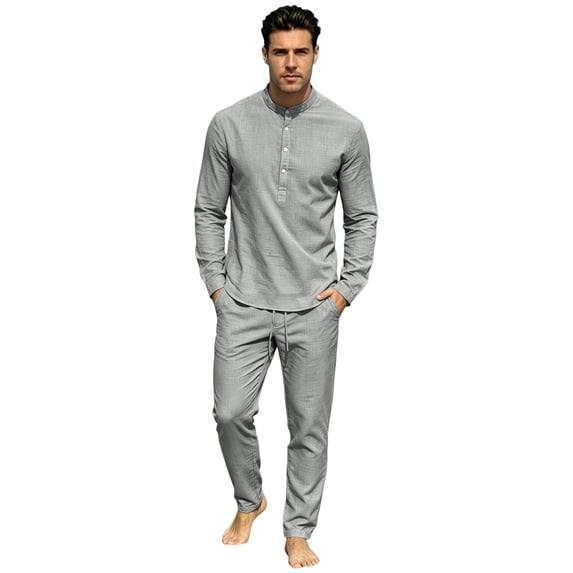 GrmtClth Mens Everyday Henley Matching Set Stand Collar Long Sleeve Shirt and Drawstring Pants Outdoor Leisure Outfit Dark Gray 2XL