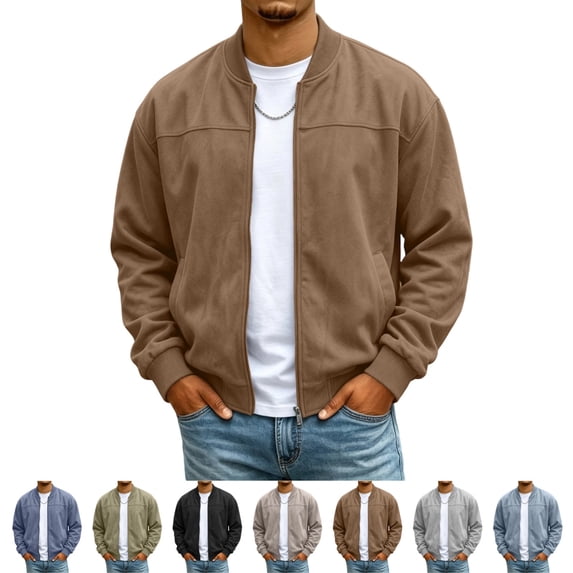GrmtClth Mens Faux Suede Baseball Collar Outerwear Classic Bomber Style Full Zip Closure Ribbed Cuffs Hem Side Pockets Casual Coats