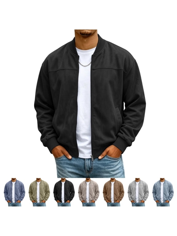 Mens Faux Suede Baseball Collar Outerwear Modern Bomber Cut Soft Faux‑Suede Fabric Full‑Zip Closure Daily Coats