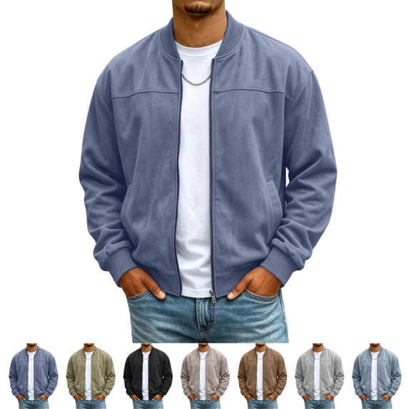 GrmtClth Mens Faux Suede Baseball Collar Outerwear Modern Bomber Cut Soft Faux‑Suede Fabric Full‑Zip Closure Daily Coats