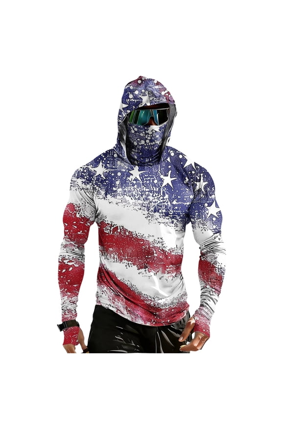 Mens Fishing Shirts Independence Day American Flag Pattern Quick Dry Long Sleeve Fashion Hoodie with Face Mask Upf 50+ Sun Protection Top Light Blue L