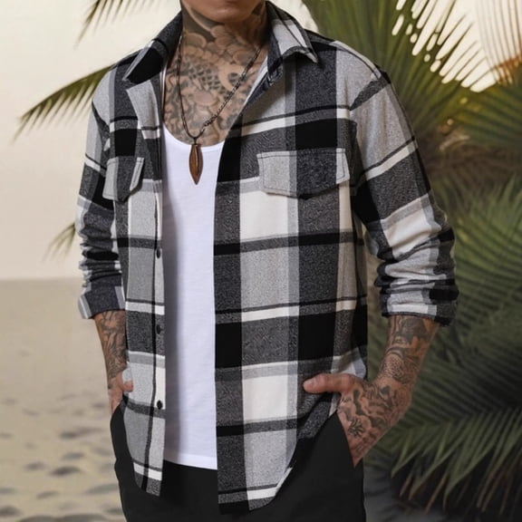 GrmtClth Mens Flannel Shirt Soft Plaid Shirts Button Up Casual Shirt Jackets Long Sleeve Shirt Shackets with Pocket Gray XL