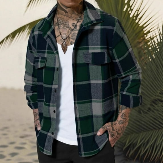 GrmtClth Mens Flannel Shirt Vintage Plaid Shirts Button Fashion Shirt Jacket Long Sleeve Shirt Shackets with Pocket Green S