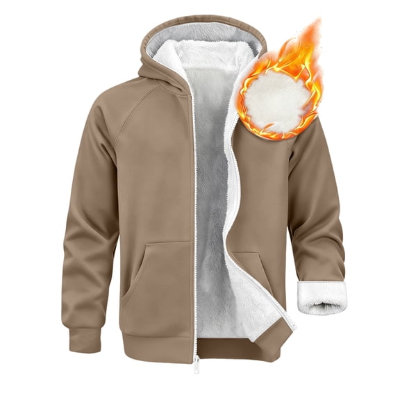 GrmtClth Mens Fleece Hoodies Thick Winter Sherpa Lined Full Zip Up Hooded Sweatshirt Loose Fit Thermal Long Sleeve Coat Jackets Khaki XXXL