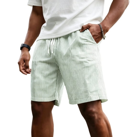 GrmtClth Mens Fresh Summer Style Vertical Stripe Shorts Neat Arranged Linear Pattern Elastic Drawstring Waistband Long Distance Travelling Vacation Leisure Wear Green L