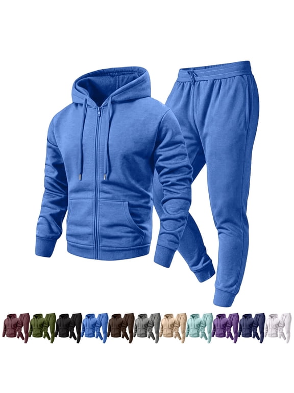 Mens Full Zip Hoodie 2 Piece Sweatsuit Set Elastic Waist Jogger Pants Soft Athletic Tracksuit For Workout Gym Jogging Vacation Daily Street Wear Blue M