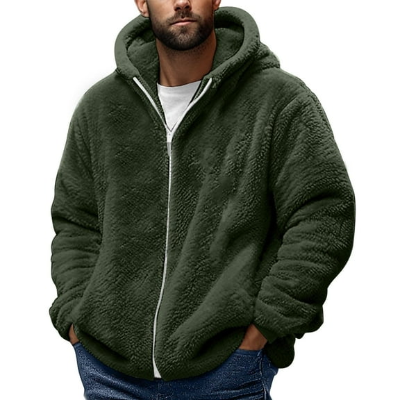 GrmtClth Mens Fuzzy Sherpa Jacket Casual Fleece Full-Zip Hoodie Loose Fit Warm Winter Hooded Sweatshirt Long Sleeve Outerwear for Cold Weather Army Green XXL