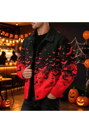 Mens Halloween Bat Dark Lapel Trucker Jacket Long Sleeve Snap Placket Relaxed Fit Halloween Spooky Night Outerwear Red XL