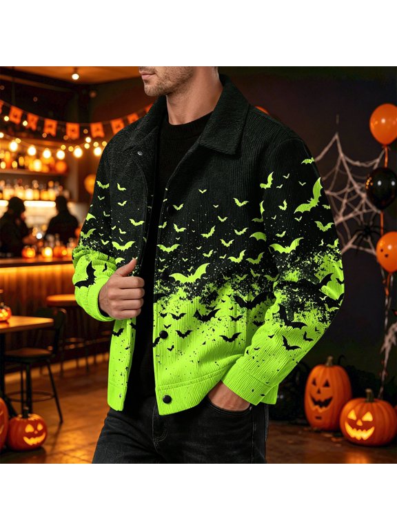 Mens Halloween Bat Skeleton Witch Overshirt Jacket Long Sleeve Snap Buttons Loose Fit Halloween Urban Evening Outerwear Green XL