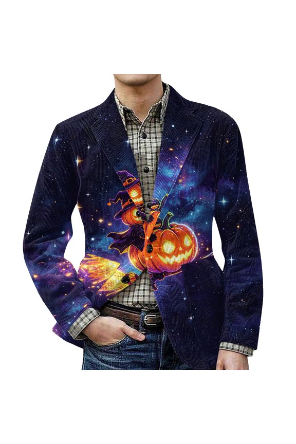 Mens Halloween Corduroy Blazer Jacket Fine Scattered Spooky Graphic Corduroy Print Breathable Light Party Blazer Ginger 3XL