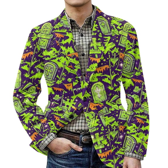 GrmtClth Mens Halloween Corduroy Blazer Jacket Plain Tone Loose Two Button Corduroy Blazer Micro Halloween Symbols Full Sleeve Holiday Outerwear Green XL